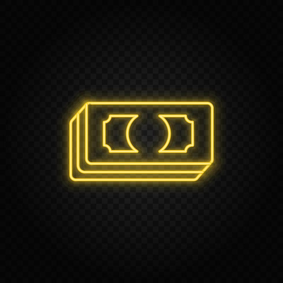 Yellow neon icon bills, cash, money, dollar.Transparent background. Yellow neon vector icon on dark background