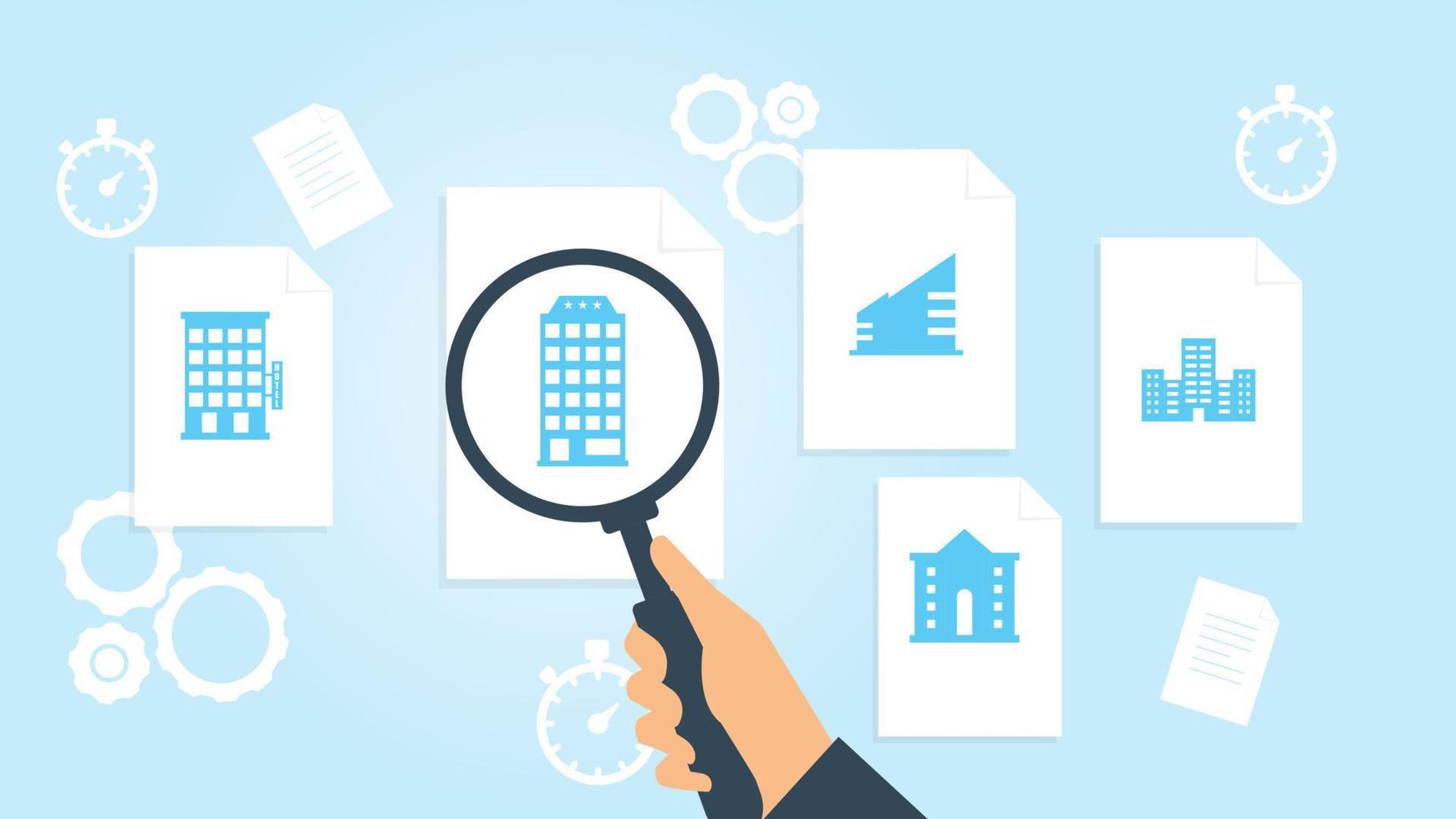 building file, document research vector illustration. Document with search icons. File and magnifying glass. Analytics research sign. Vector Illustration on white background