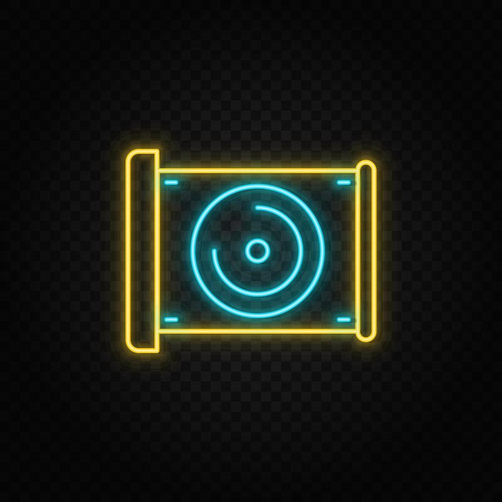 Audio, cd. Blue and yellow neon vector icon. Transparent background on dark background