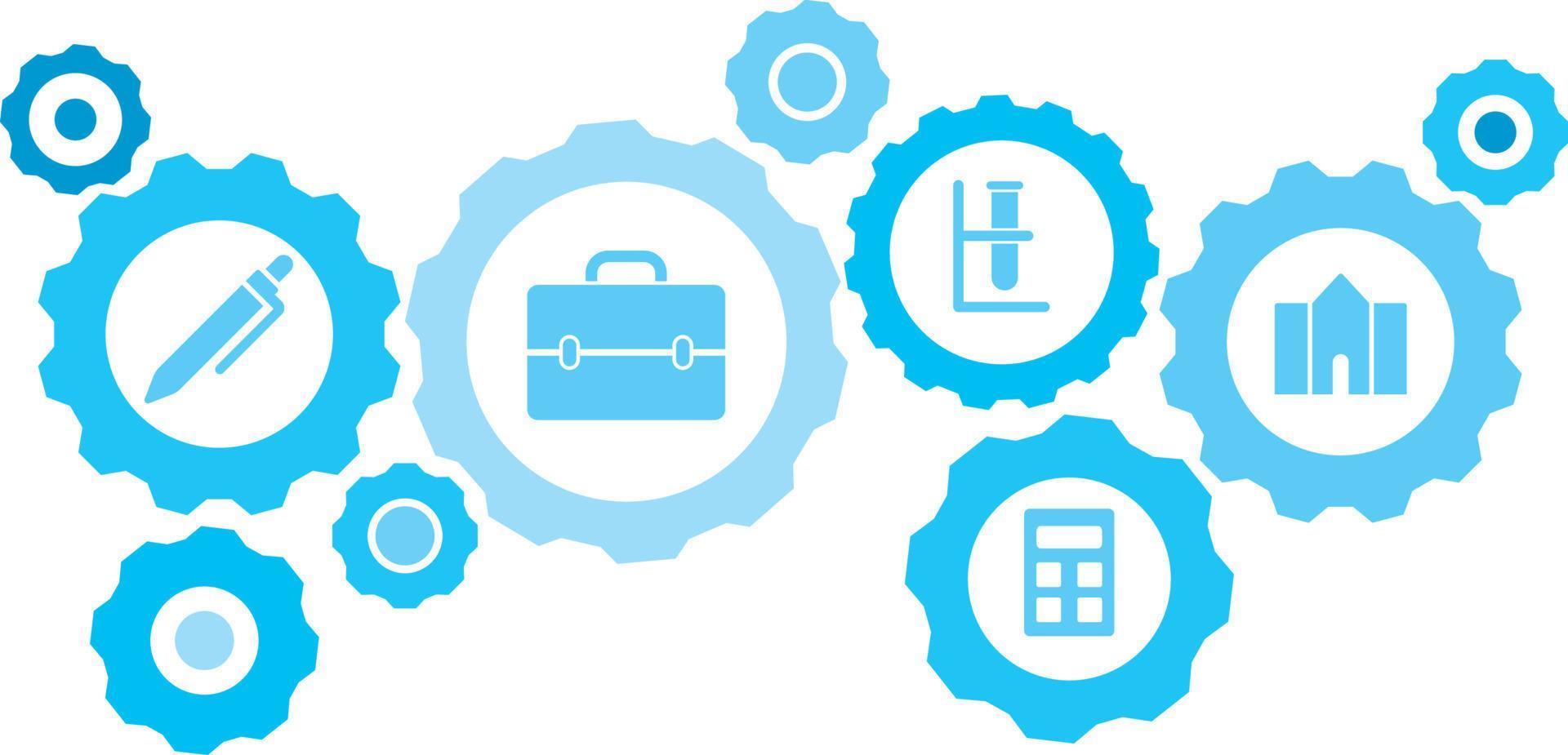 Connected gears and icons for logistic, service, shipping, distribution, transport, market, communicate concepts,building, college gear blue icon set. Delivery mechanism concept. on white background vector