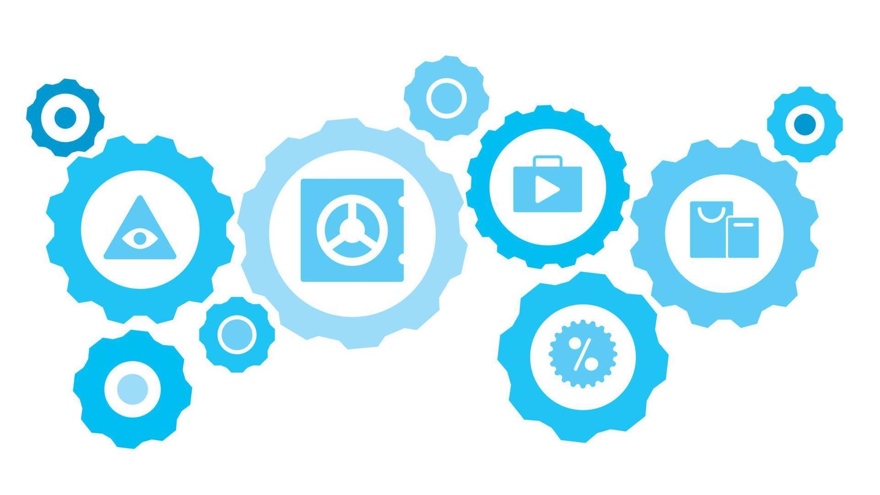 Connected gears and vector icons for logistic, service, shipping, distribution, transport, market, communicate concepts. Shopping, basket, remove gear blue icon set on white background