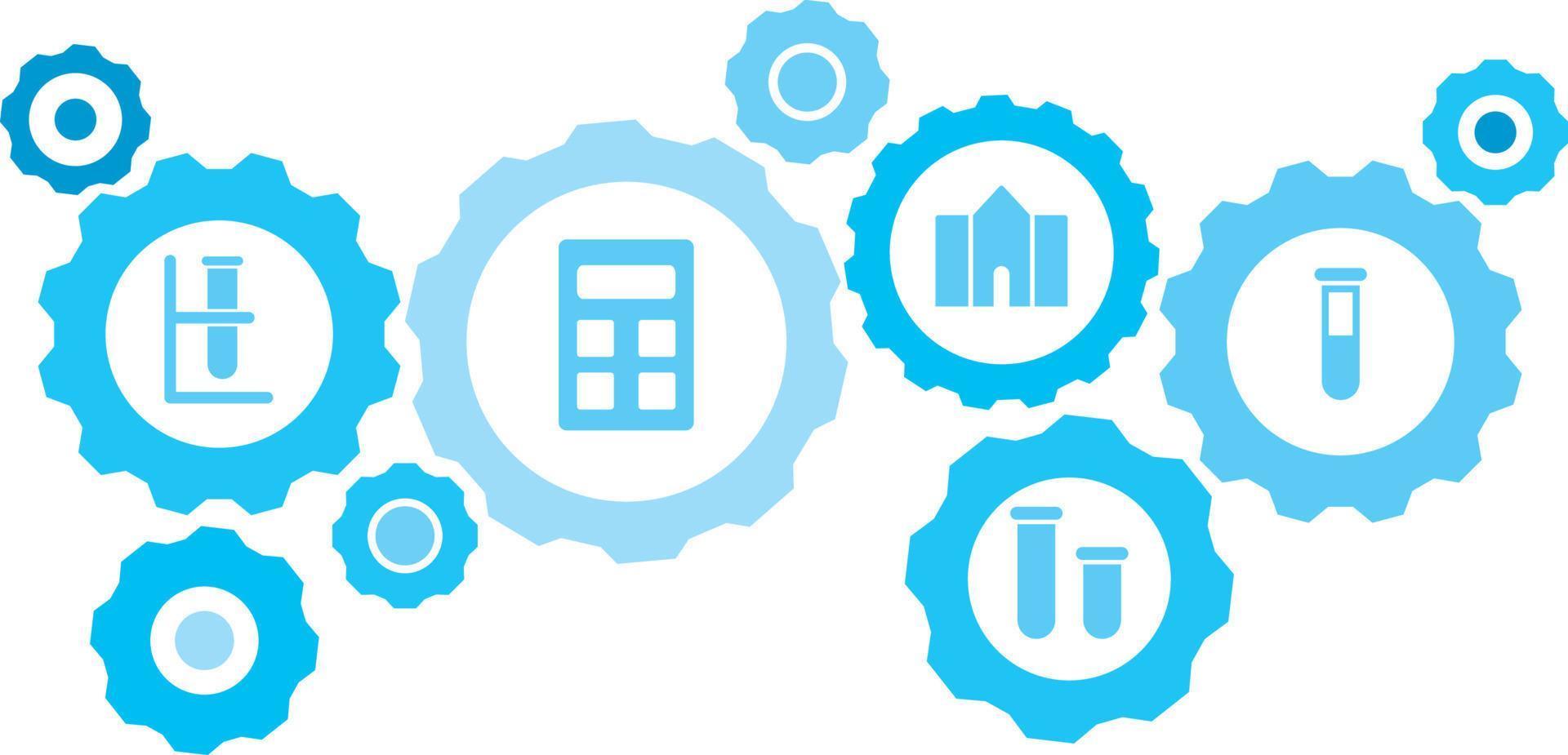 Connected gears and icons for logistic, service, shipping, distribution, transport, market, communicate concepts,lab glassware gear blue icon set. Delivery mechanism concept. on white background vector