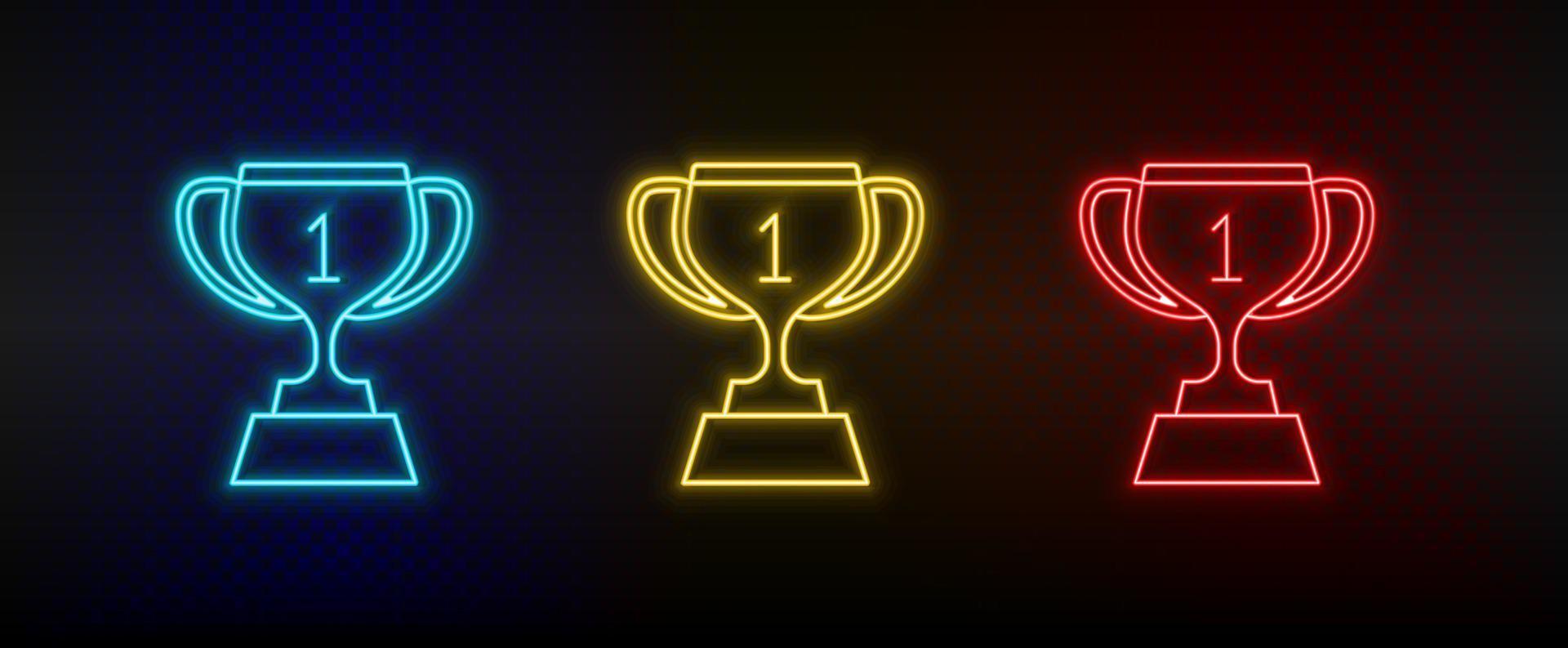 Neon icon set achievement, award. Set of red, blue, yellow neon vector icon on transparency dark background