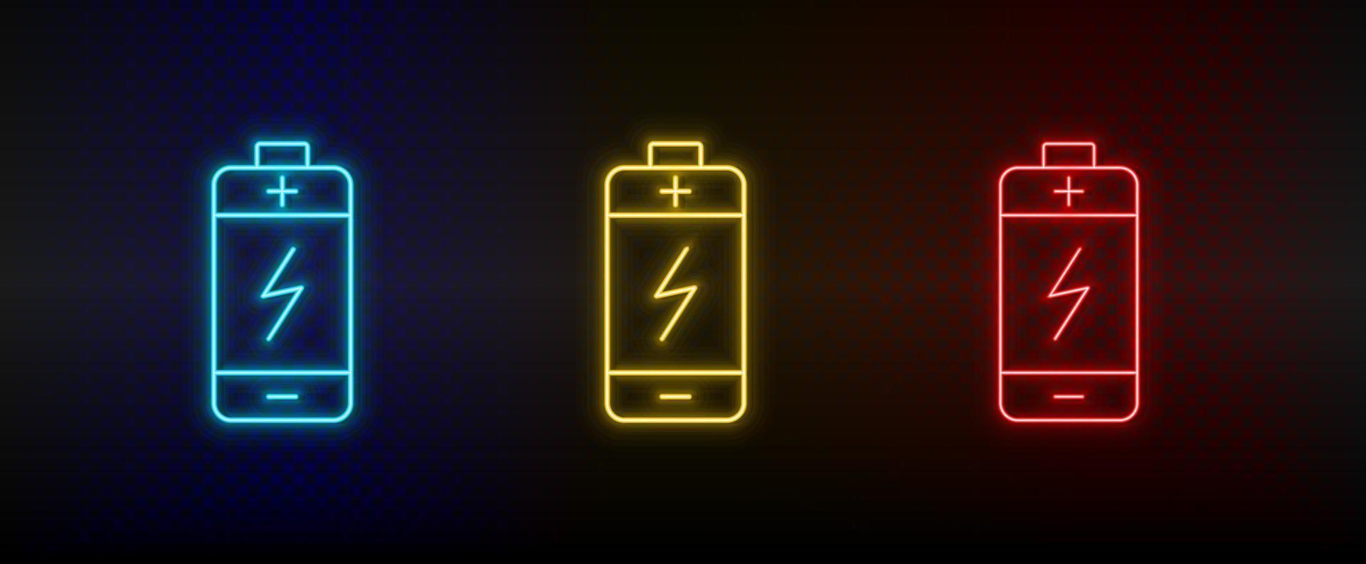 Neon icon set battery. Set of red, blue, yellow neon vector icon on transparency dark background