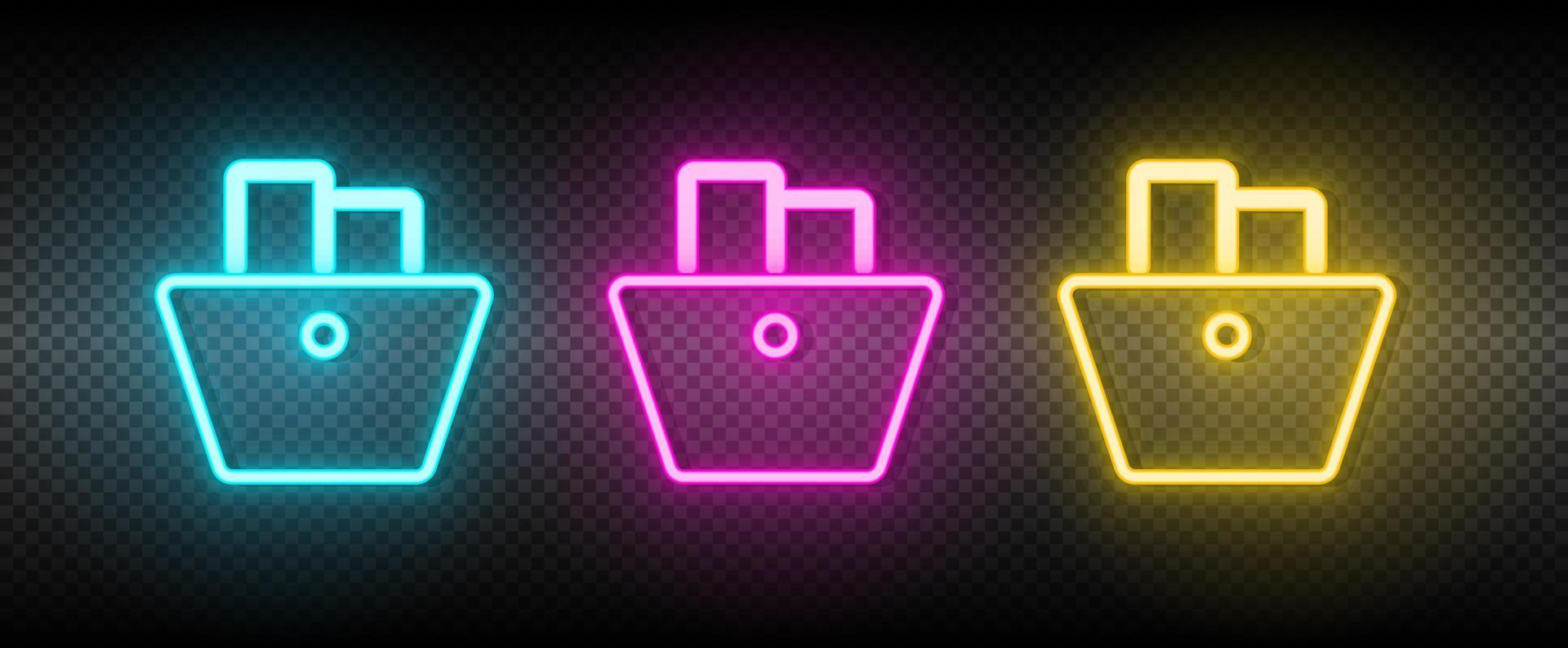 basket, checkout, shopping neon vector icon. Illustration neon blue, yellow, red icon set