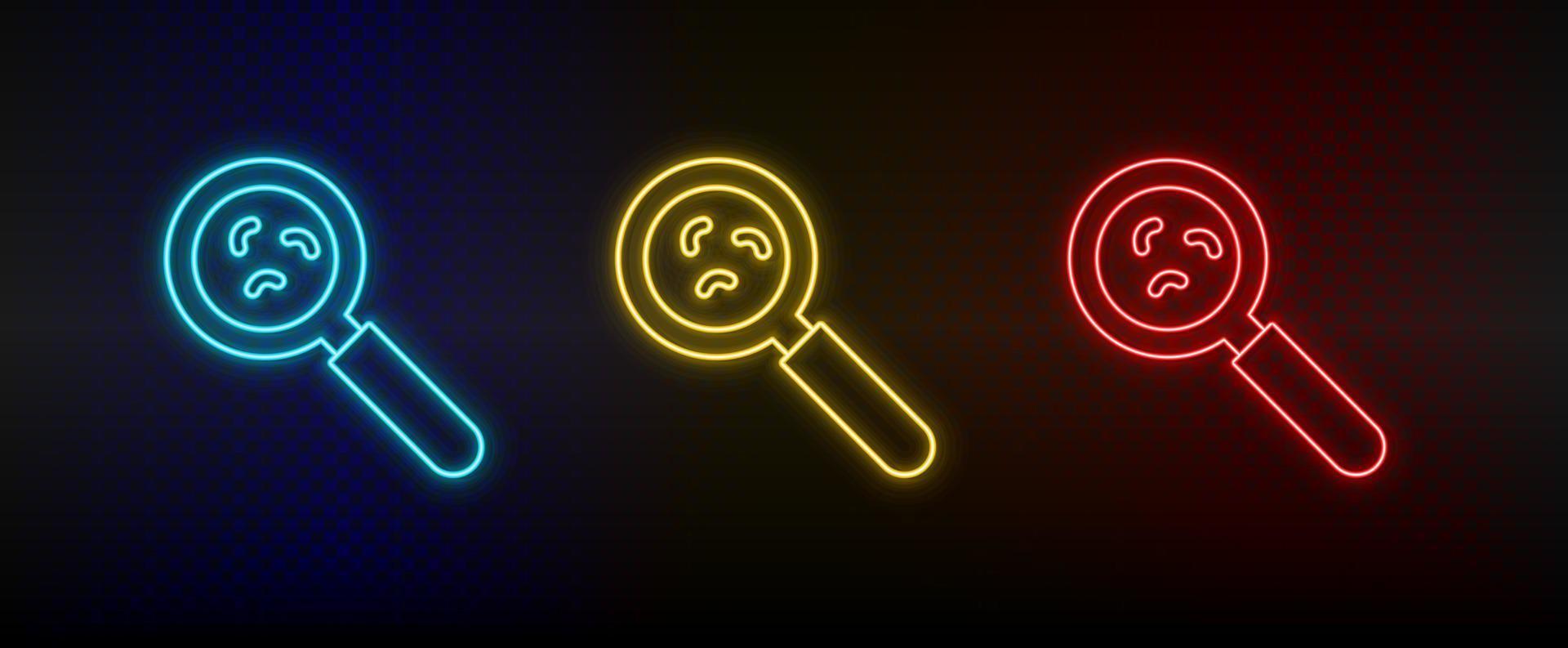 Neon icons, germs, lab research. Set of red, blue, yellow neon vector icon on darken transparent background