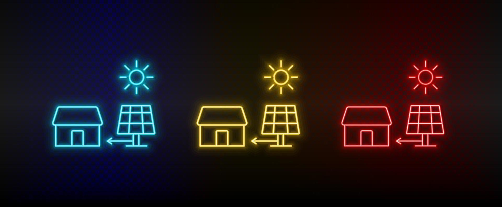 Neon icon set home, solar, charger. Set of red, blue, yellow neon vector icon on transparency dark background