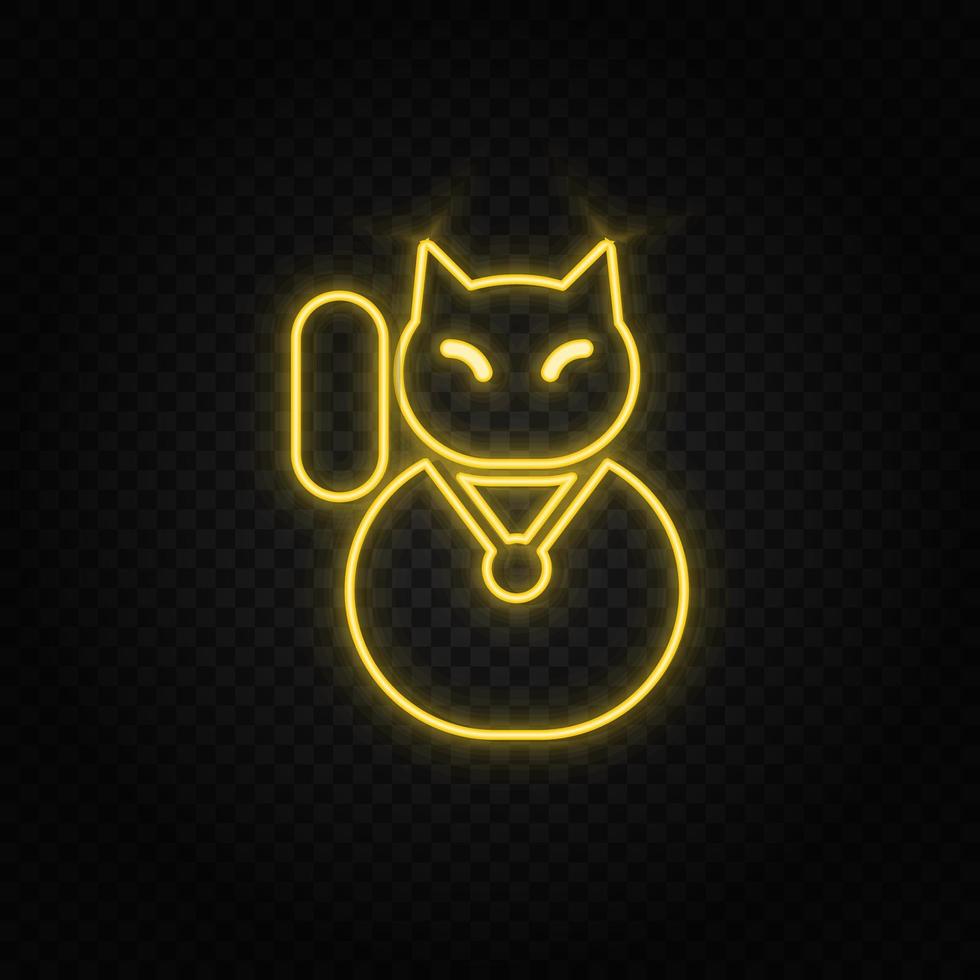 Yellow neon icon cat, lucky, .Transparent background. Yellow neon vector icon on dark background