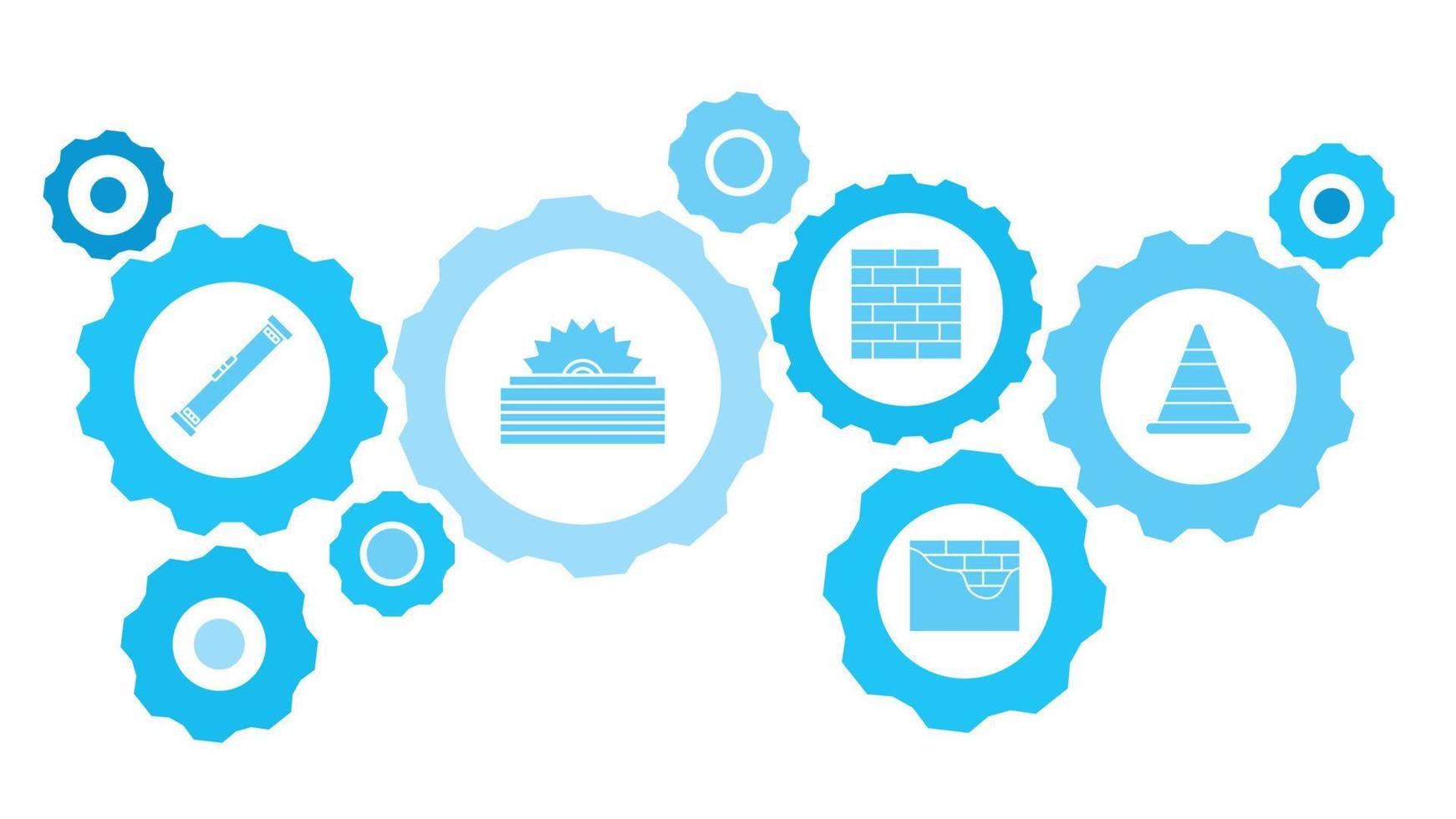Connected gears and vector icons for logistic, service, shipping, distribution, transport, market, communicate concepts. building, cone gear blue icon set on white background