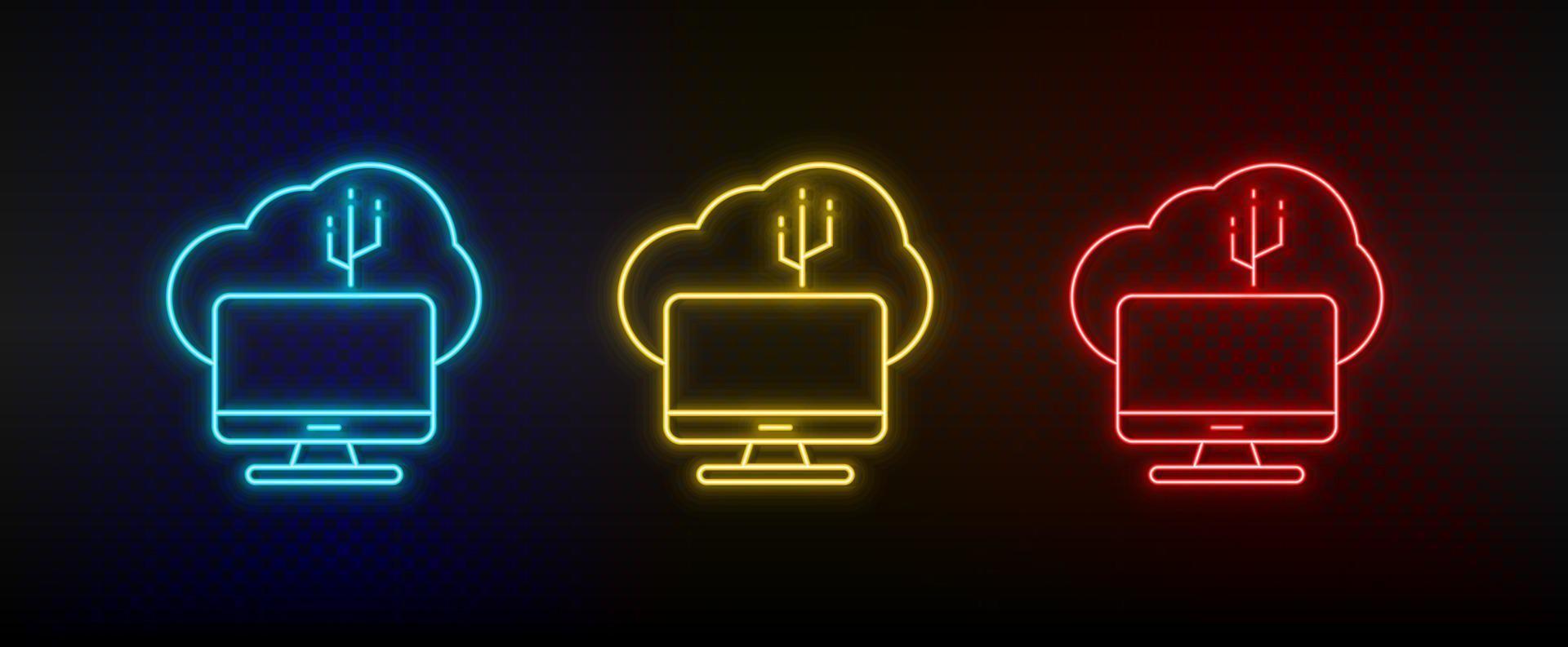 Neon icon set Cloud connection. Set of red, blue, yellow neon vector icon on transparency dark background