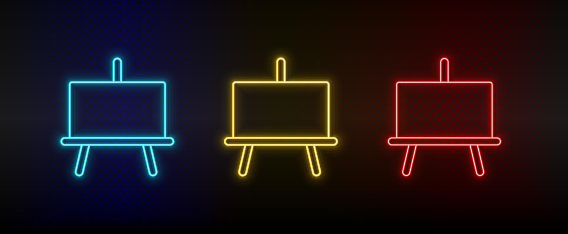 Neon icons, blackboard. Set of red, blue, yellow neon vector icon on darken transparent background