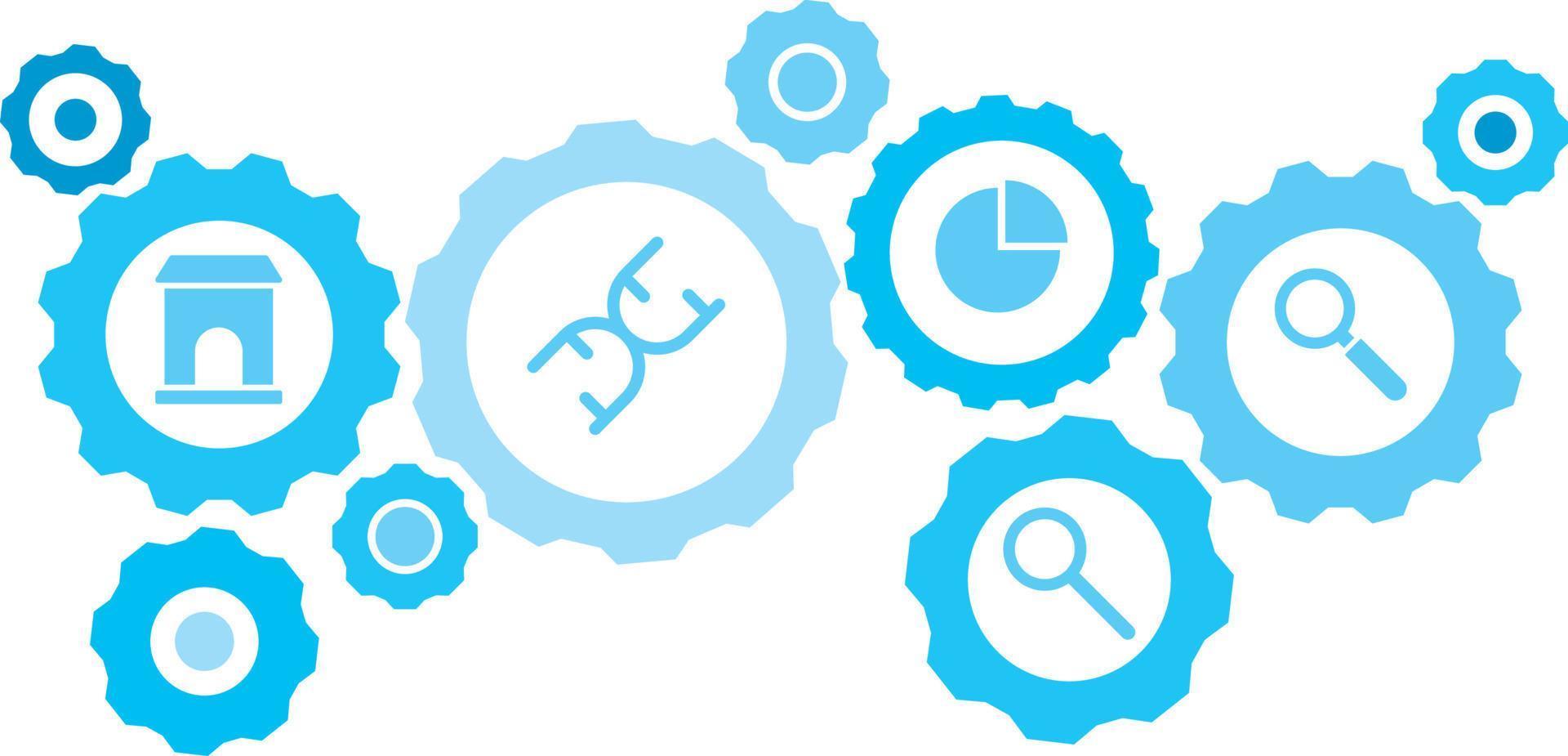 Connected gears and icons for logistic, service, shipping, distribution, transport, market, communicate concepts,search, loupe gear blue icon set. Delivery mechanism concept. on white background vector