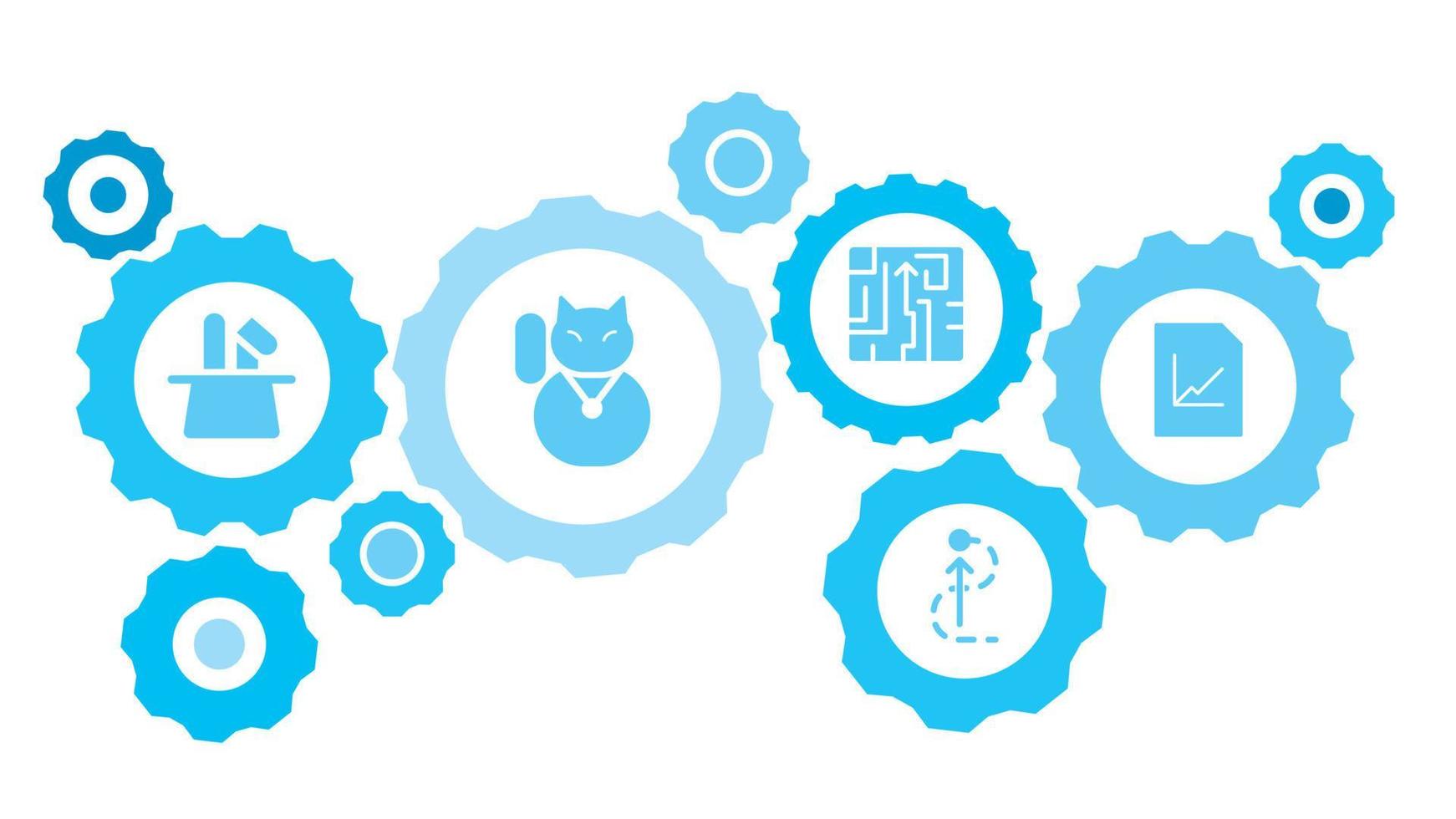 Connected gears and vector icons for logistic, service, shipping, distribution, transport, market, communicate concepts. Bank, broken, piggy gear blue icon set on white background