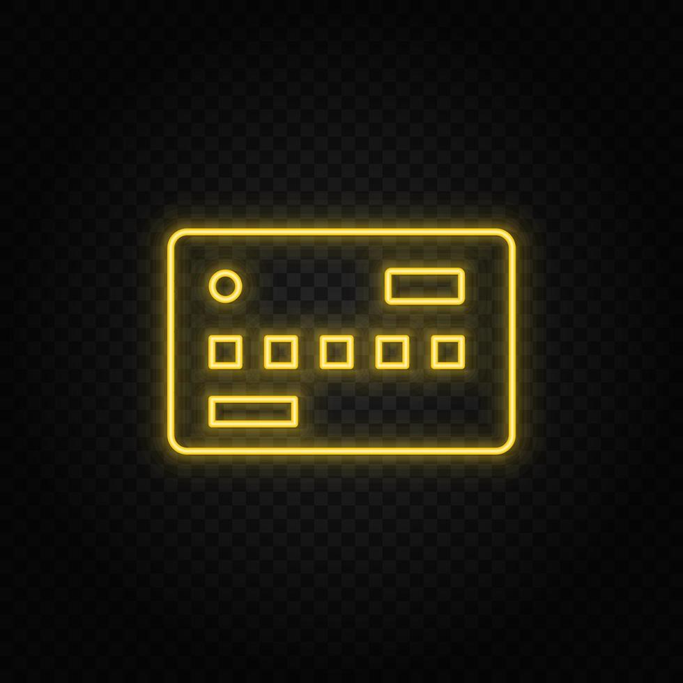 Yellow neon icon card, credit, money.Transparent background. Yellow neon vector icon on dark background