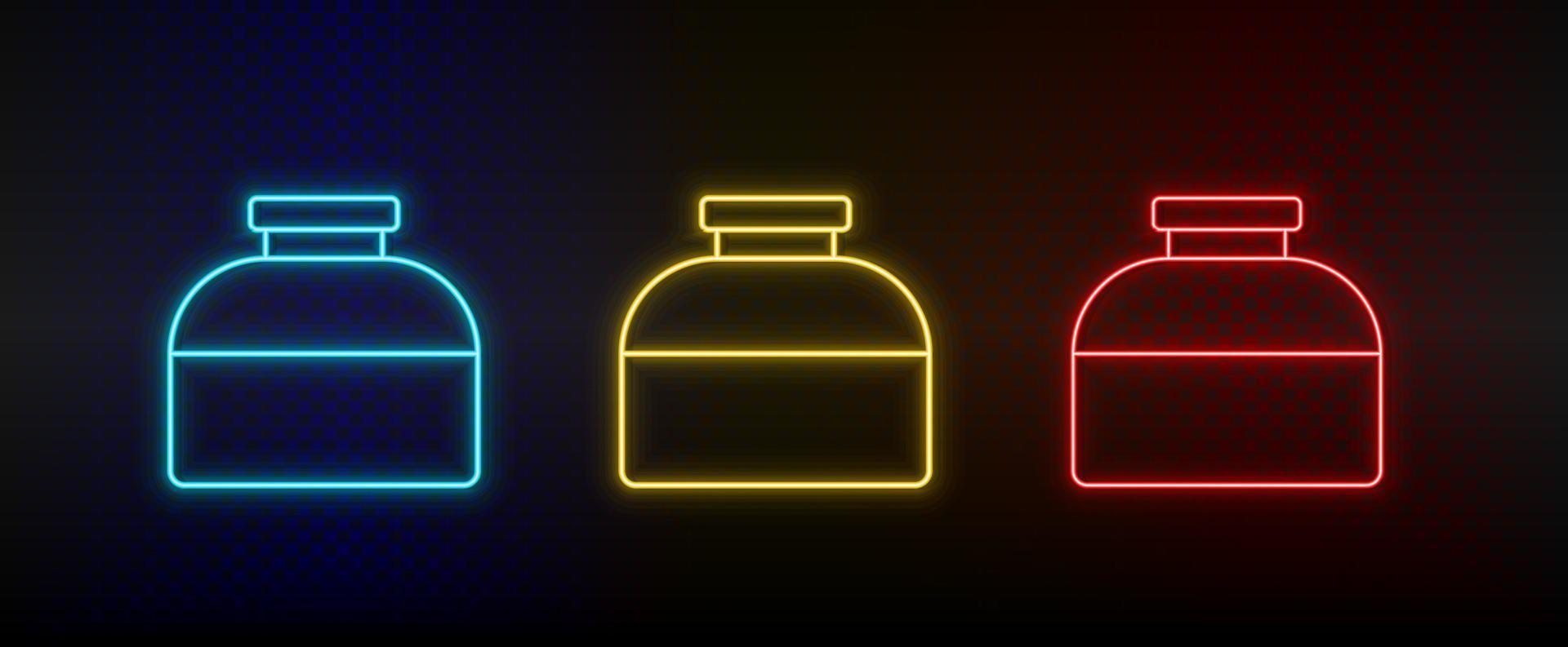 Neon icons, ink, bottle. Set of red, blue, yellow neon vector icon on darken transparent background