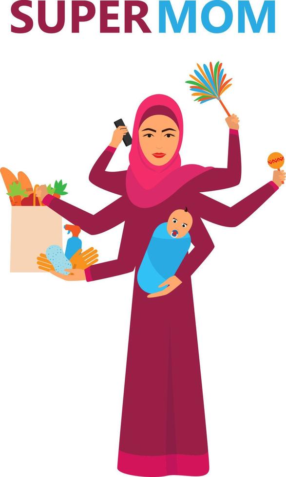 super arabian woman. Super muslim woman. Super Mom - mother with baby, working, coocking, cleaning and make a shopping - Vector. vector