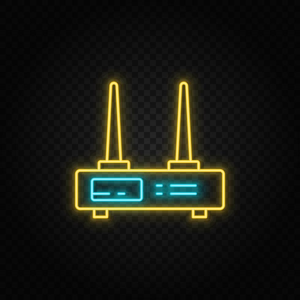 Modem, router. Blue and yellow neon vector icon. Transparent background on dark background