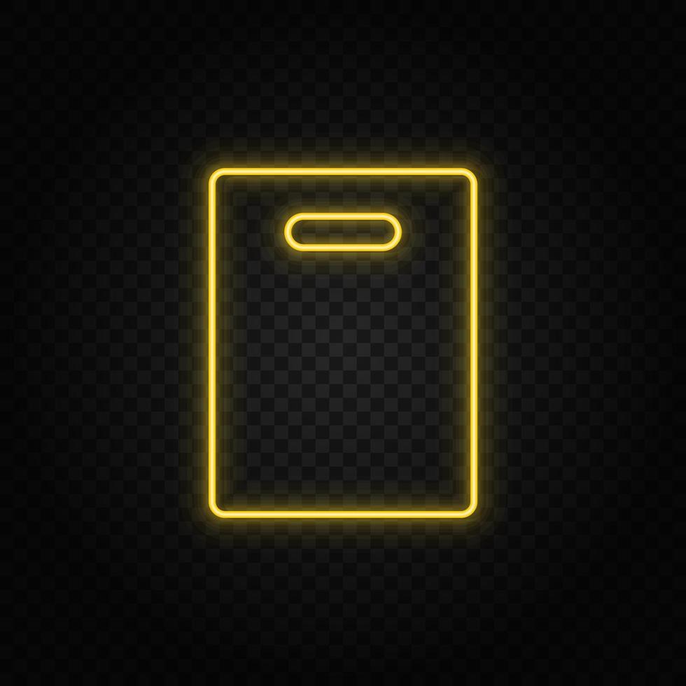 Yellow neon icon bag, shopping.Transparent background. Yellow neon vector icon on dark background