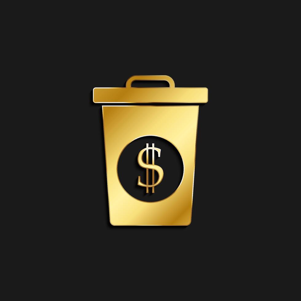 Dustbin, garbage can gold icon. Vector illustration of golden dark background. Gold vector icon