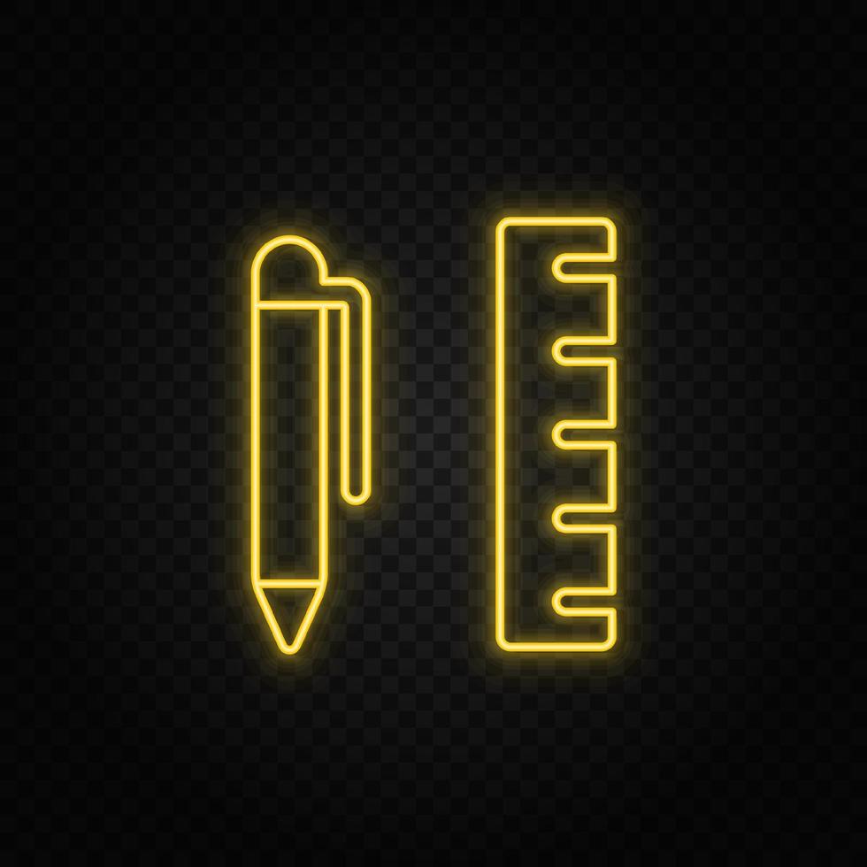 Yellow neon icon geometry, measuring ruler. Transparent background. Yellow neon vector icon on dark background