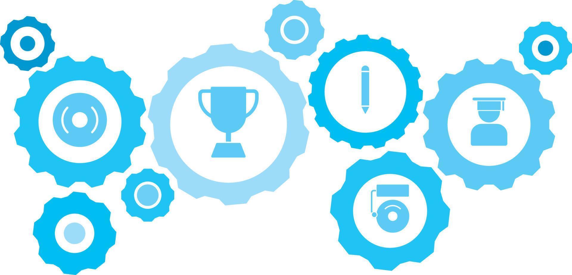 Connected gears and icons for logistic, service, shipping, distribution, transport, market, communicate concepts,graduate, graduation, avatar gear blue icon set on white background vector
