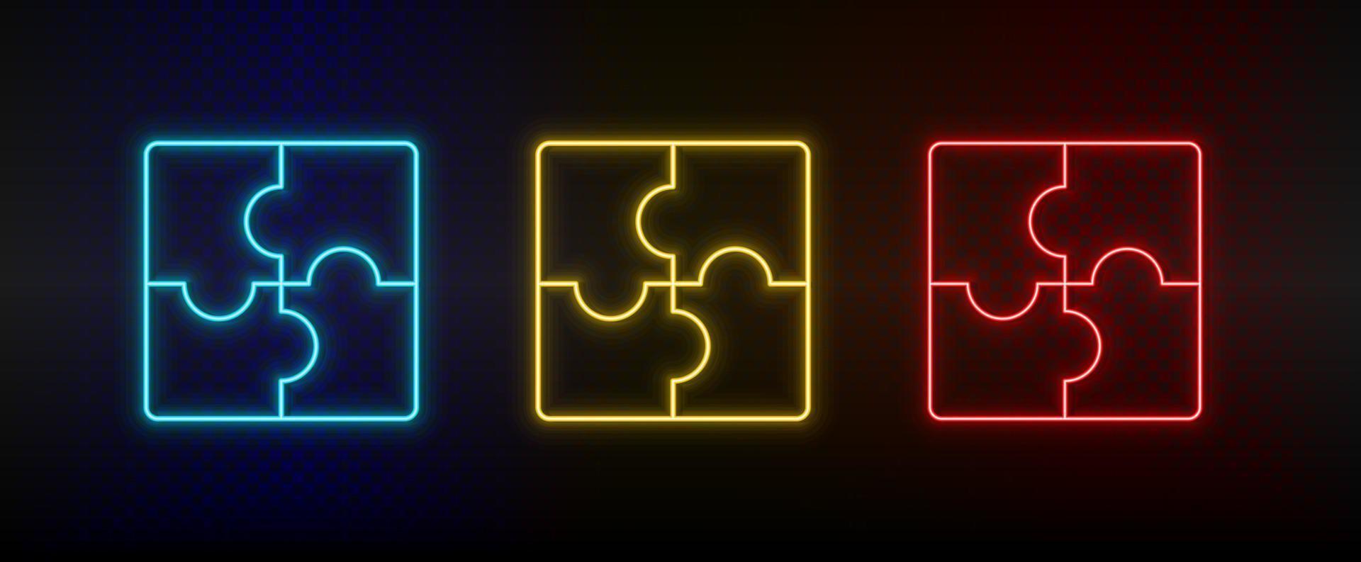 Neon icon set puzzle, strategy. Set of red, blue, yellow neon vector icon on transparency dark background