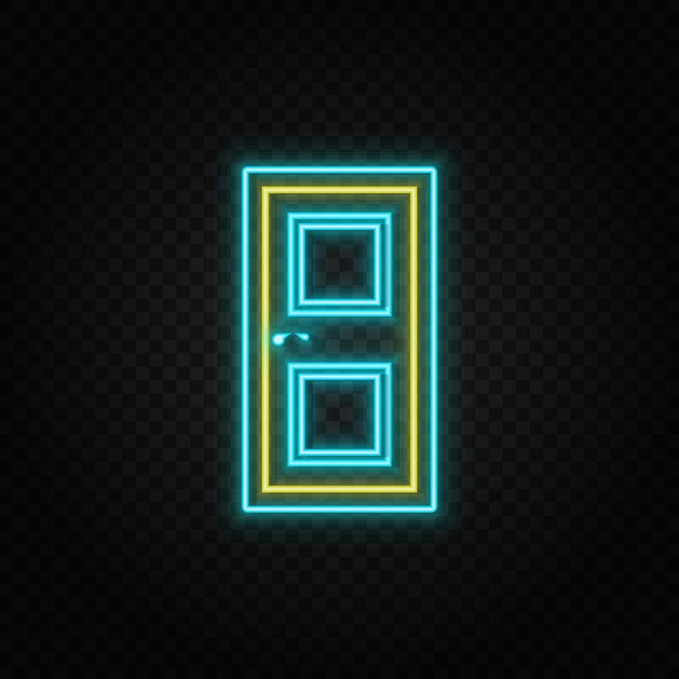Door, icon neon icon. Blue and yellow neon vector icon. Transparent background