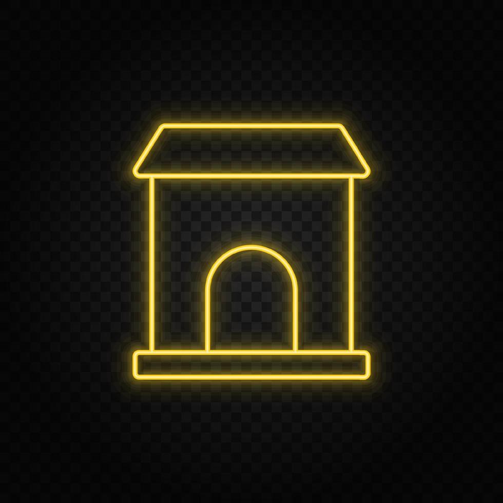 Yellow neon icon building, college. Transparent background. Yellow neon vector icon on dark background