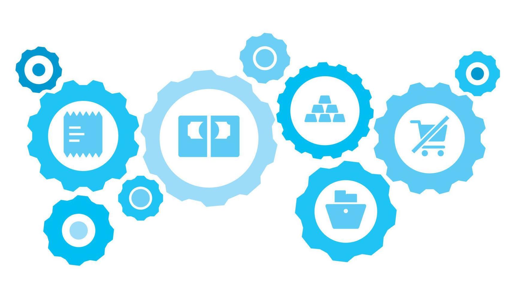 Connected gears and vector icons for logistic, service, shipping, distribution, transport, market, communicate concepts. Analytics, graph gear blue icon set on white background