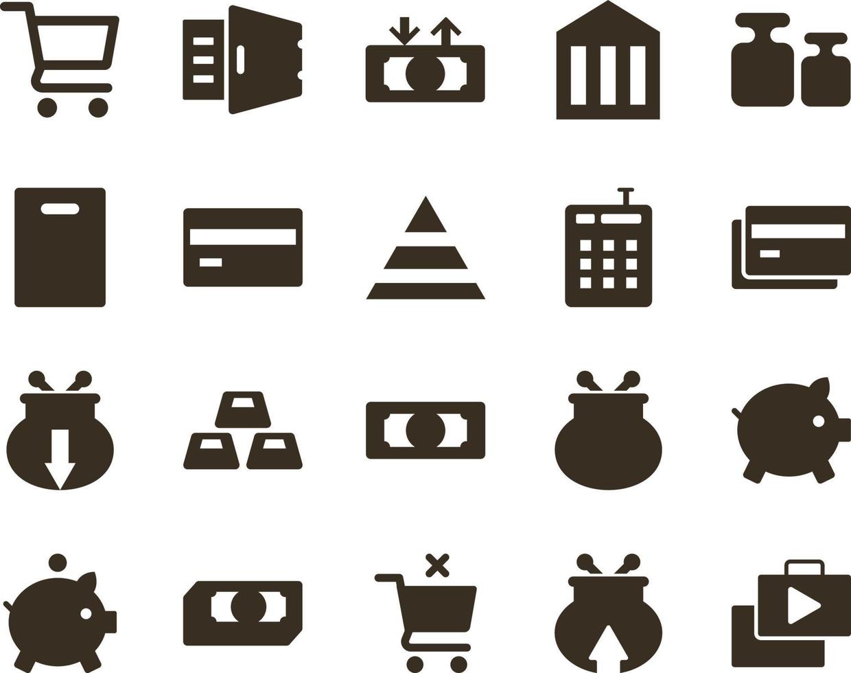 Money and finance icon set, bag, market, shop. Investment, banking, money and finance icons on white background vector