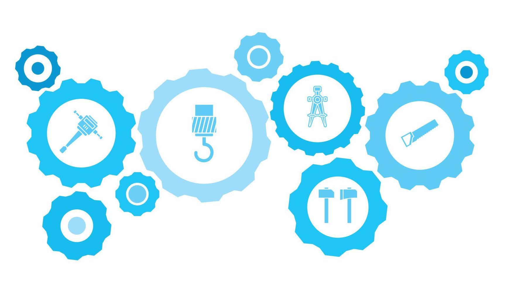 Connected gears and vector icons for logistic, service, shipping, distribution, transport, market, communicate concepts. bade saw, building gear blue icon set on white background