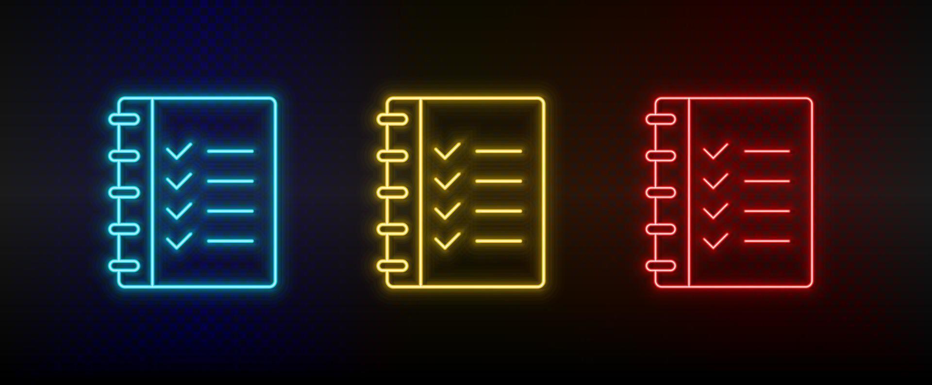Neon icon set checklist, list. Set of red, blue, yellow neon vector icon on transparency dark background