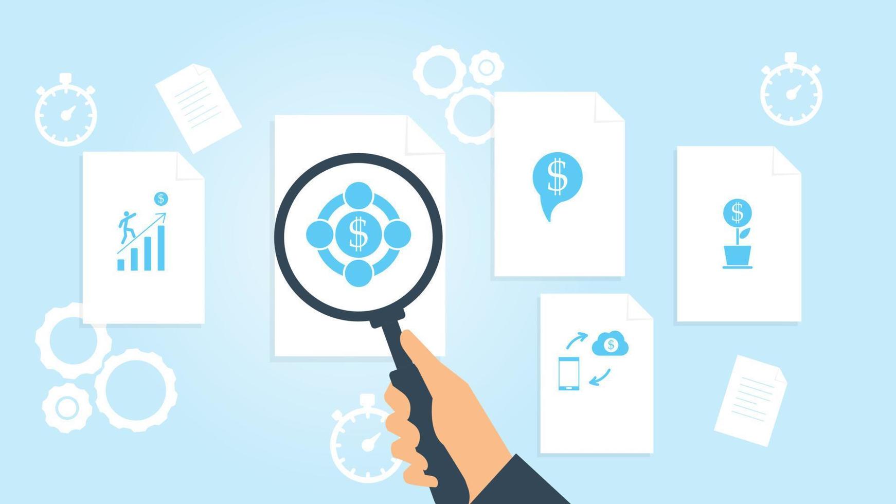Business project, commercial file, document research vector illustrationDocument with search icons. File and magnifying glass. Analytics research sign. Vector Illustration on white background