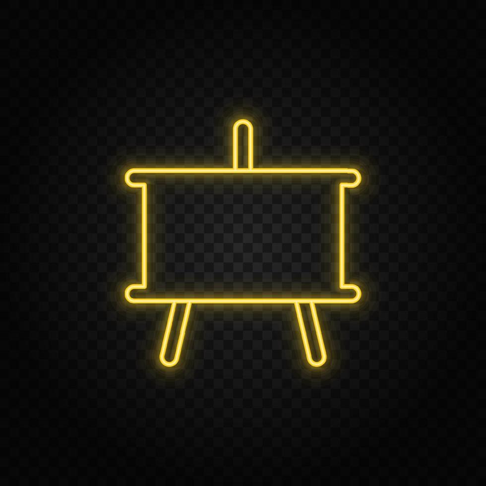 Yellow neon icon blackboard. Transparent background. Yellow neon vector icon on dark background