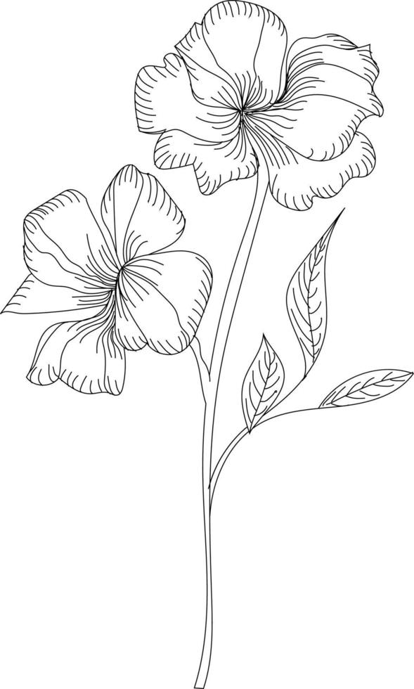 Hibiscus flower. Tropical plant doodle. Floral scrawl. Hibiscus sketch. Scribble vector. Jungle nature. Hand drawn effect petal illustration. Highly detailed hibiscus blossom and leaves drawing vector