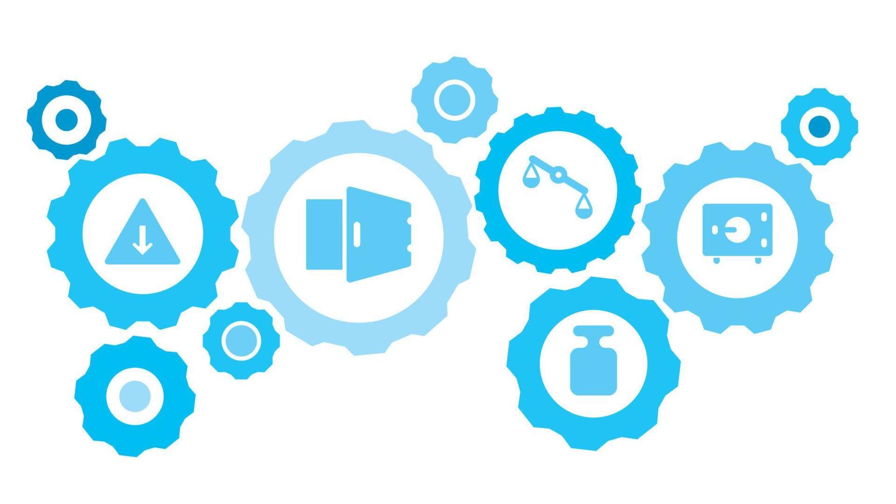 Connected gears and vector icons for logistic, service, shipping, distribution, transport, market, communicate concepts. Cash, money, pack gear blue icon set on white background