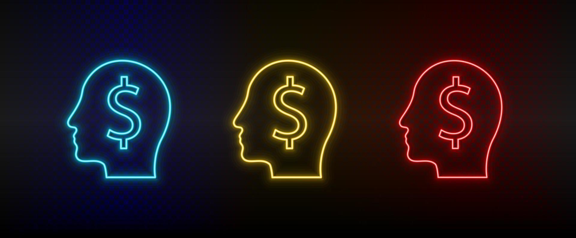 Neon icon set Human mind, finance, money. Set of red, blue, yellow neon vector icon on transparency dark background