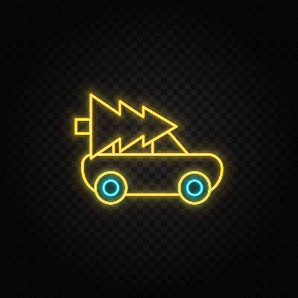 Christmas, car, tree neon icon. Blue and yellow neon vector icon. Transparent background