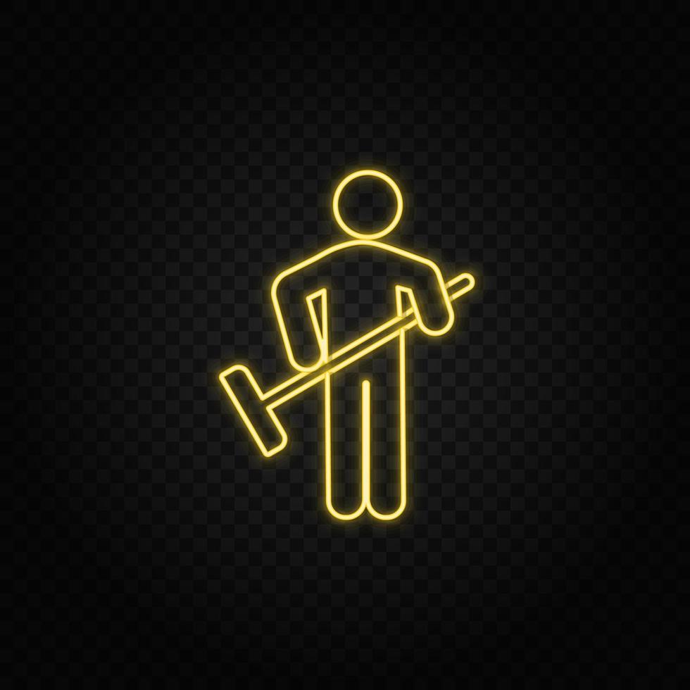 Yellow neon icon clean, cleaner, man. Transparent background. Yellow neon vector icon on dark background