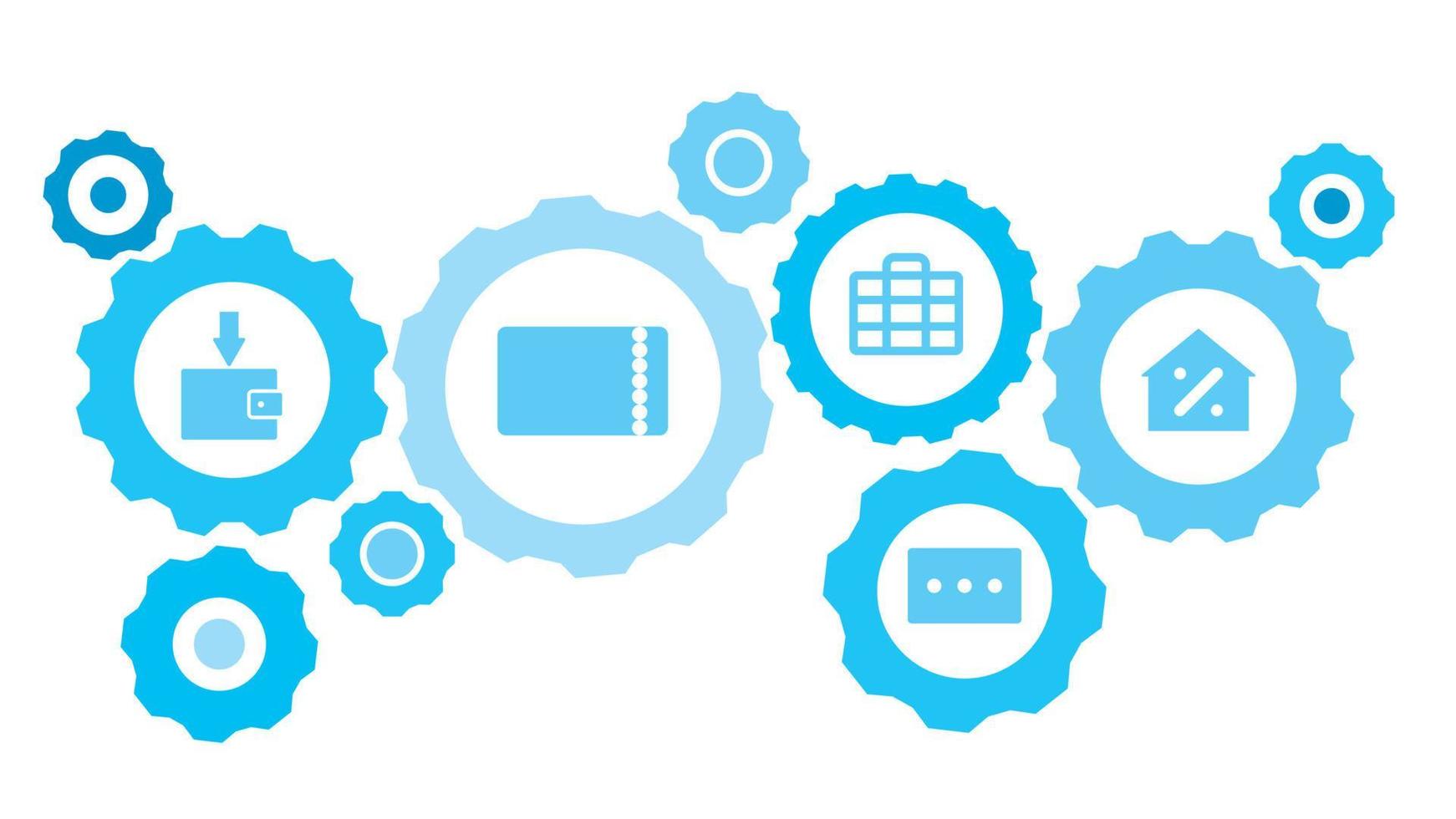 Connected gears and vector icons for logistic, service, shipping, distribution, transport, market, communicate concepts. Cinema, theater, ticket gear blue icon set on white background