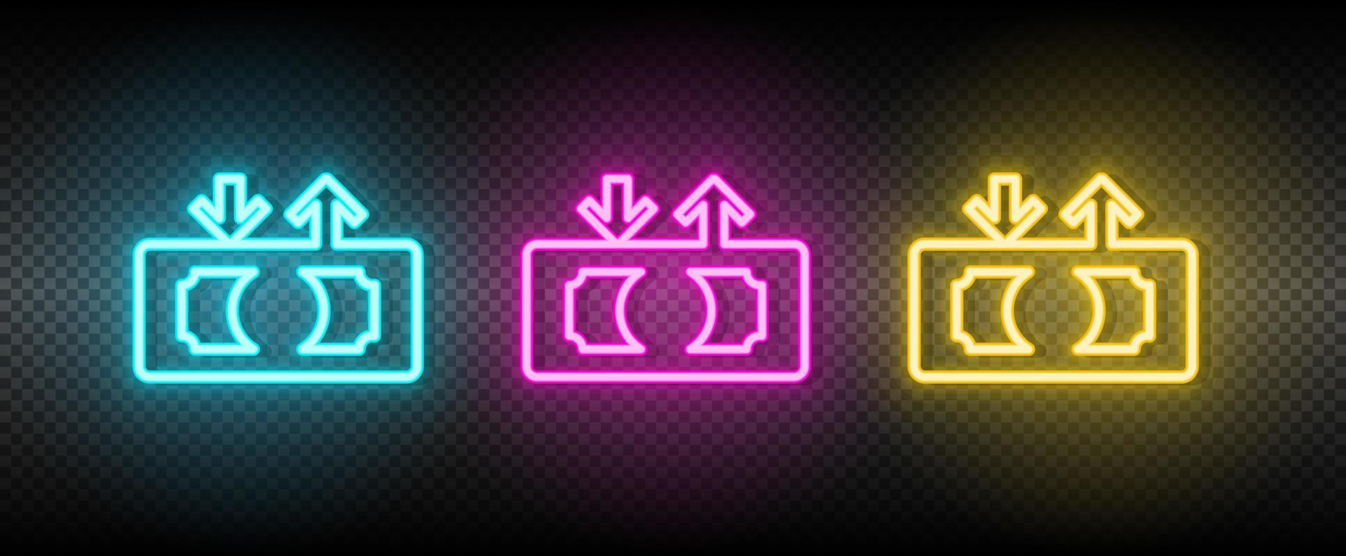 cashing, cash out, money neon vector icon. Illustration neon blue, yellow, red icon set