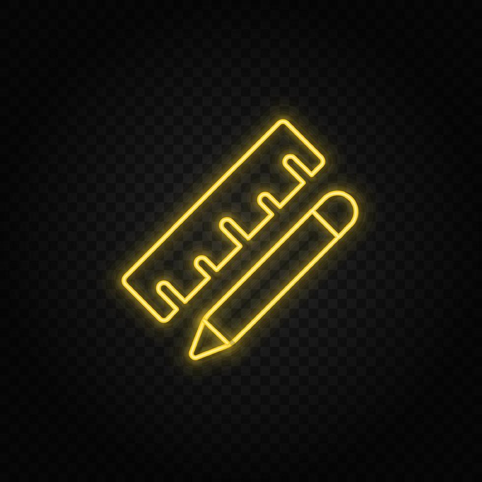 Yellow neon icon geometry, measuring ruler. Transparent background. Yellow neon vector icon on dark background