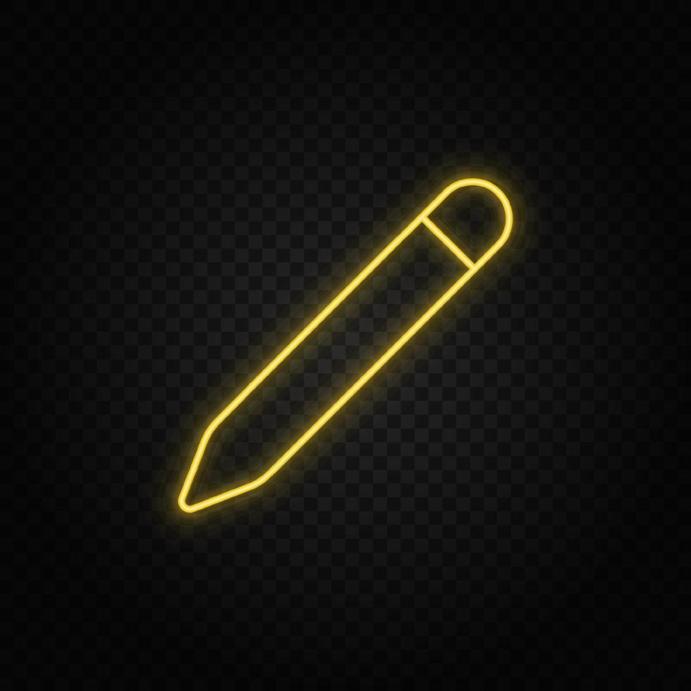 Yellow neon icon pencil. Transparent background. Yellow neon vector icon on dark background