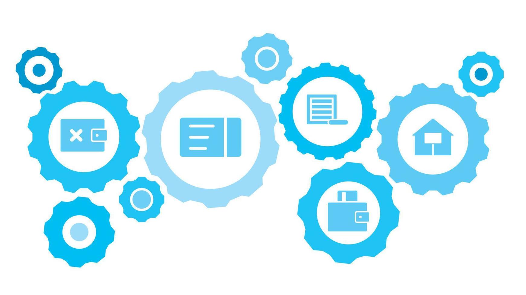 Connected gears and vector icons for logistic, service, shipping, distribution, transport, market, communicate concepts. Card, transport, travel gear blue icon set on white background