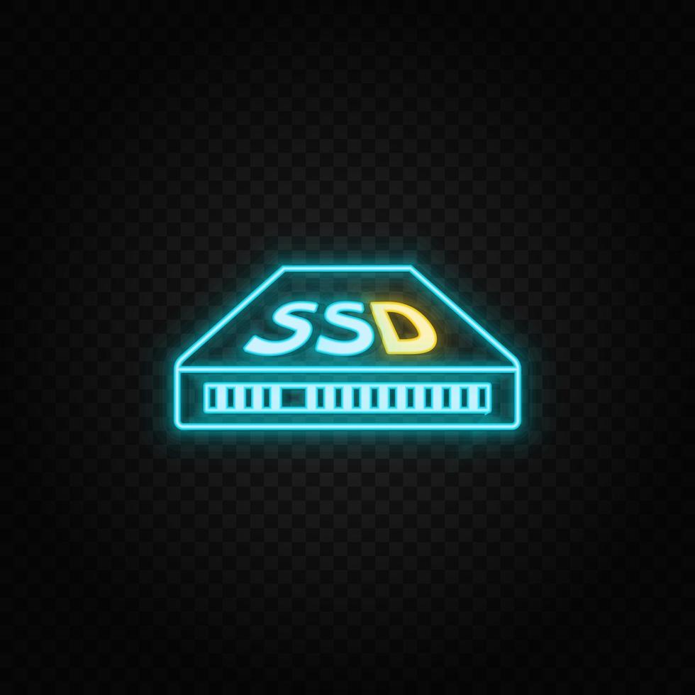 Ssd. Blue and yellow neon vector icon. Transparent background on dark background