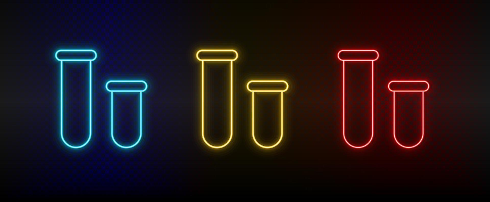 Neon icons, lab glassware. Set of red, blue, yellow neon vector icon on darken transparent background