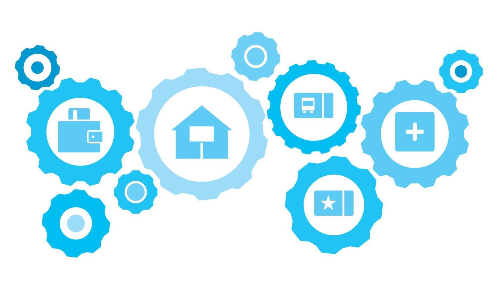 Connected gears and vector icons for logistic, service, shipping, distribution, transport, market, communicate concepts. Basket, ecommerce, shop gear blue icon set on white background