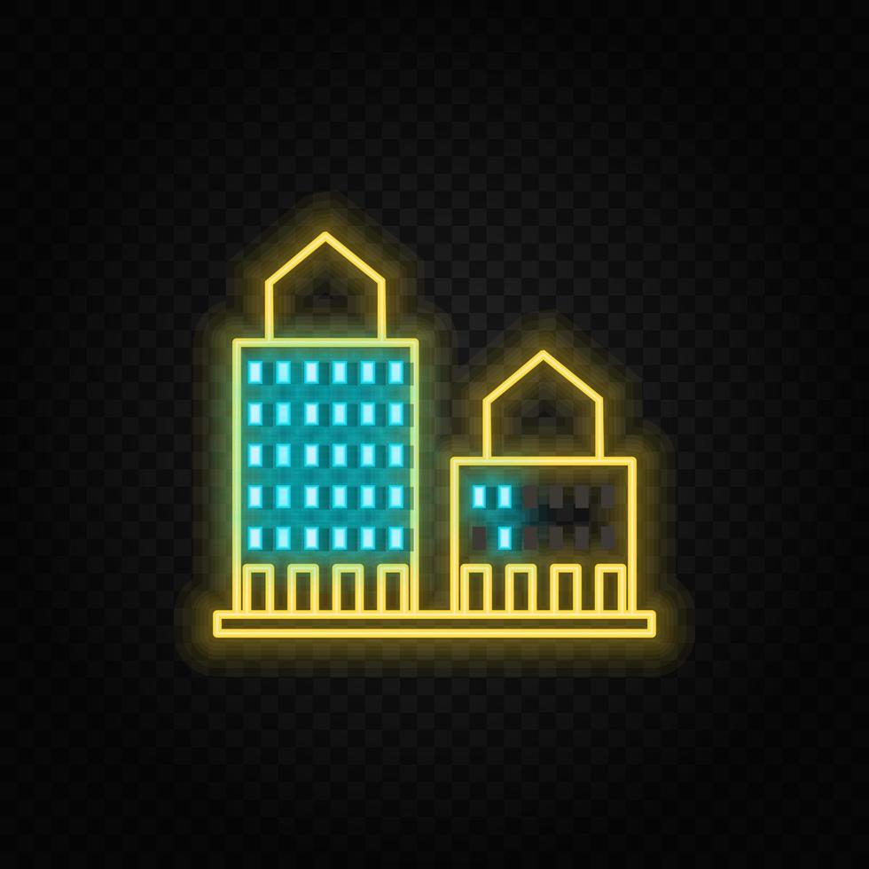 building neon vector icon. Blue and yellow neon vector icon. Vector transparent background