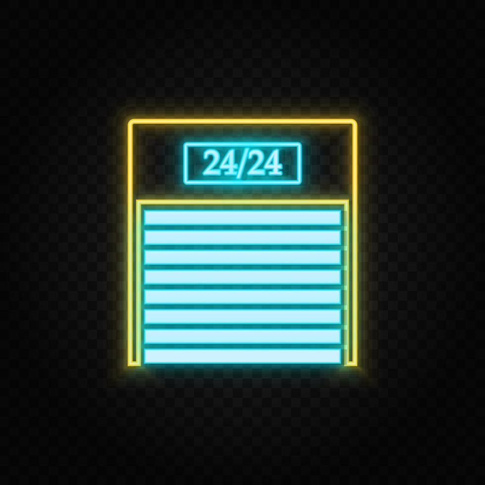 Jalousie, market, door, icon neon icon. Blue and yellow neon vector icon. Transparent background