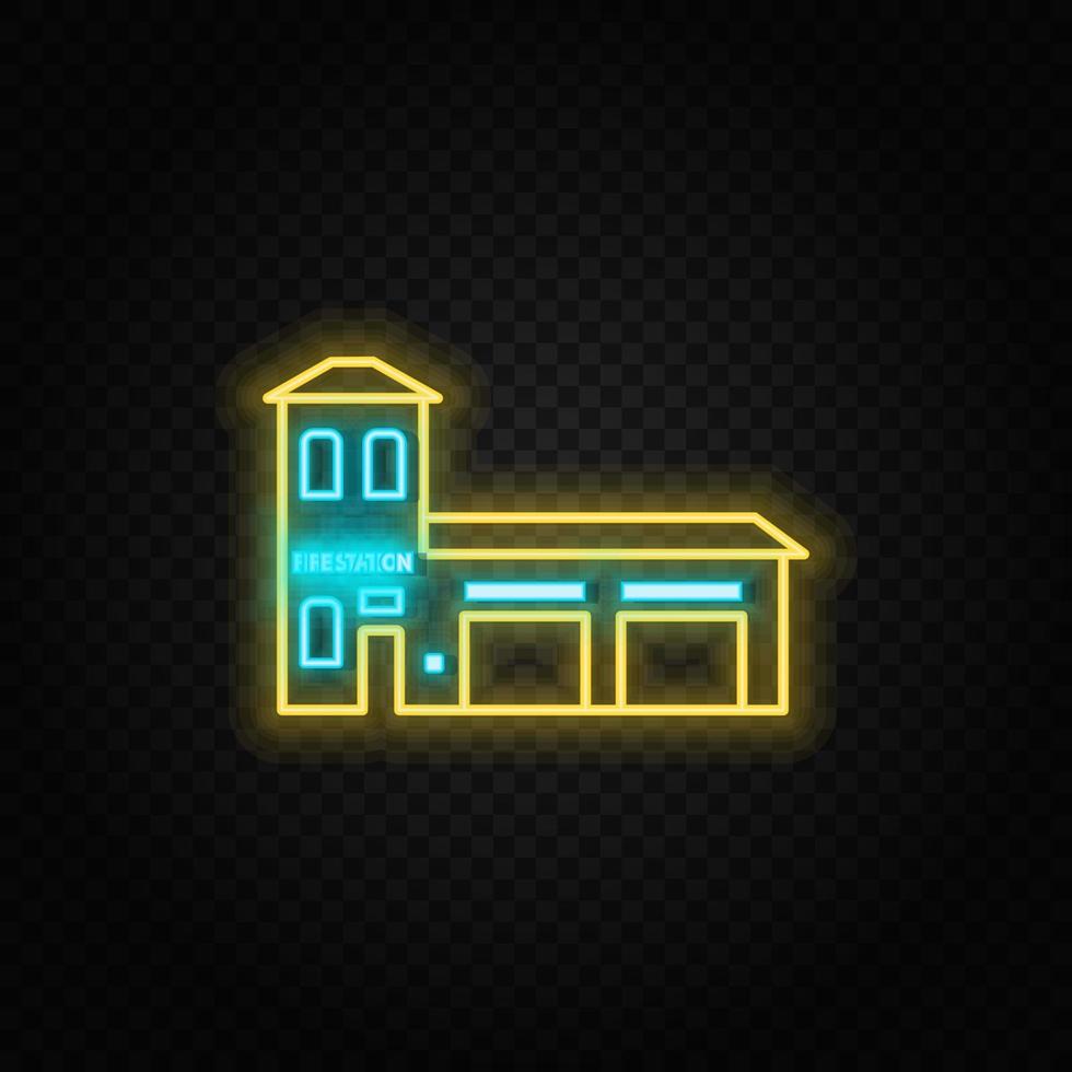 building, fire, station neon vector icon. Blue and yellow neon vector icon. Vector transparent background